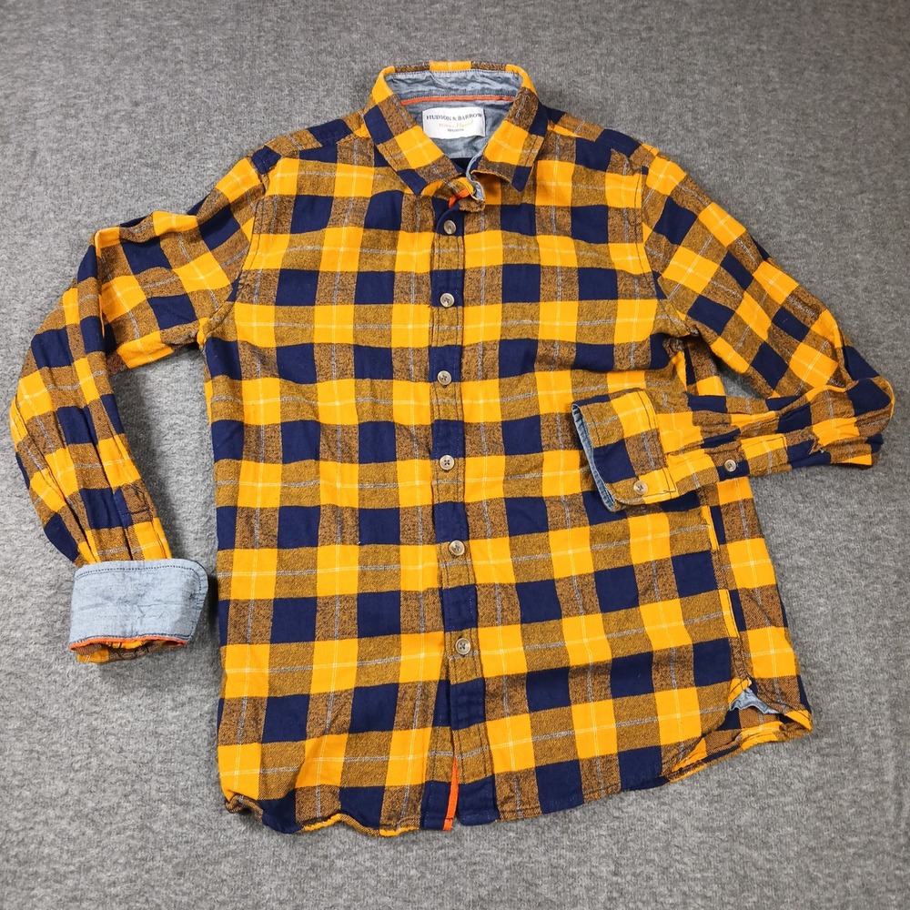 Hudson & Barrow Mountain‎ Flannel Shirt Mens Large Yellow Navy Blue Plaid Cotton